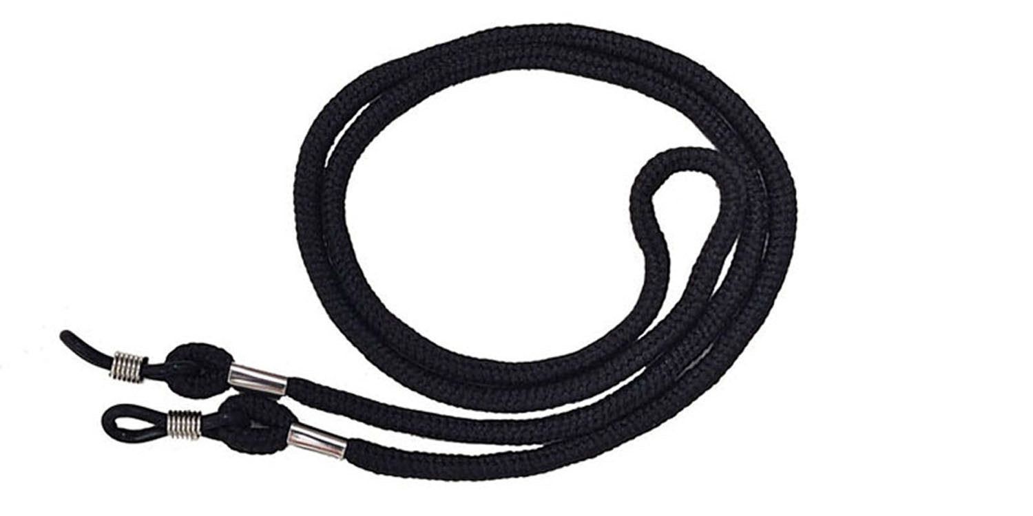 Cordon de lunettes noir. Cordon rond tressé avec extrémités métalliques et boucles pour fixation sur les branches.