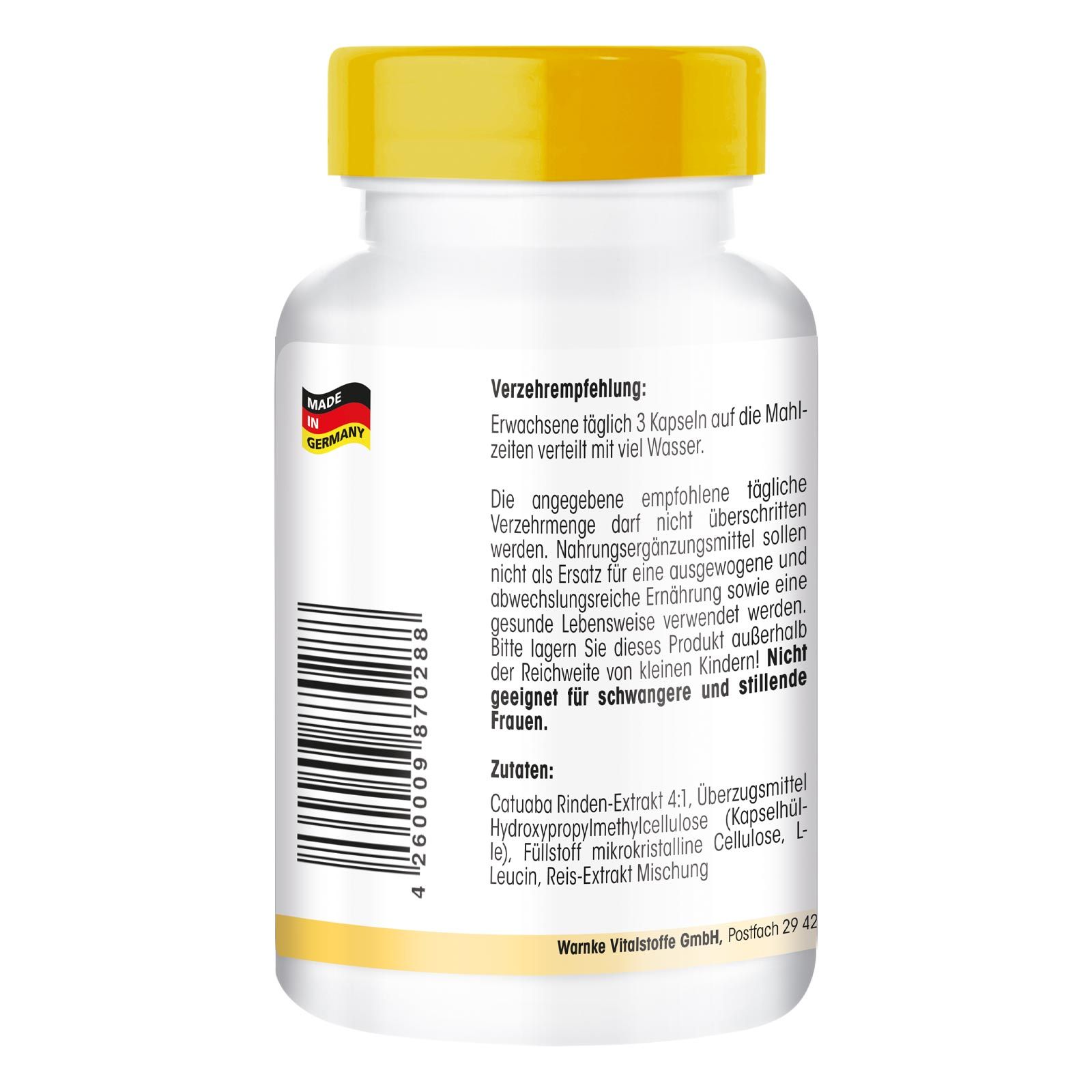 Dos du flacon blanc à bouchon jaune. Texte: Recommandations d'utilisation, ingrédients. Logo Made in Germany.
