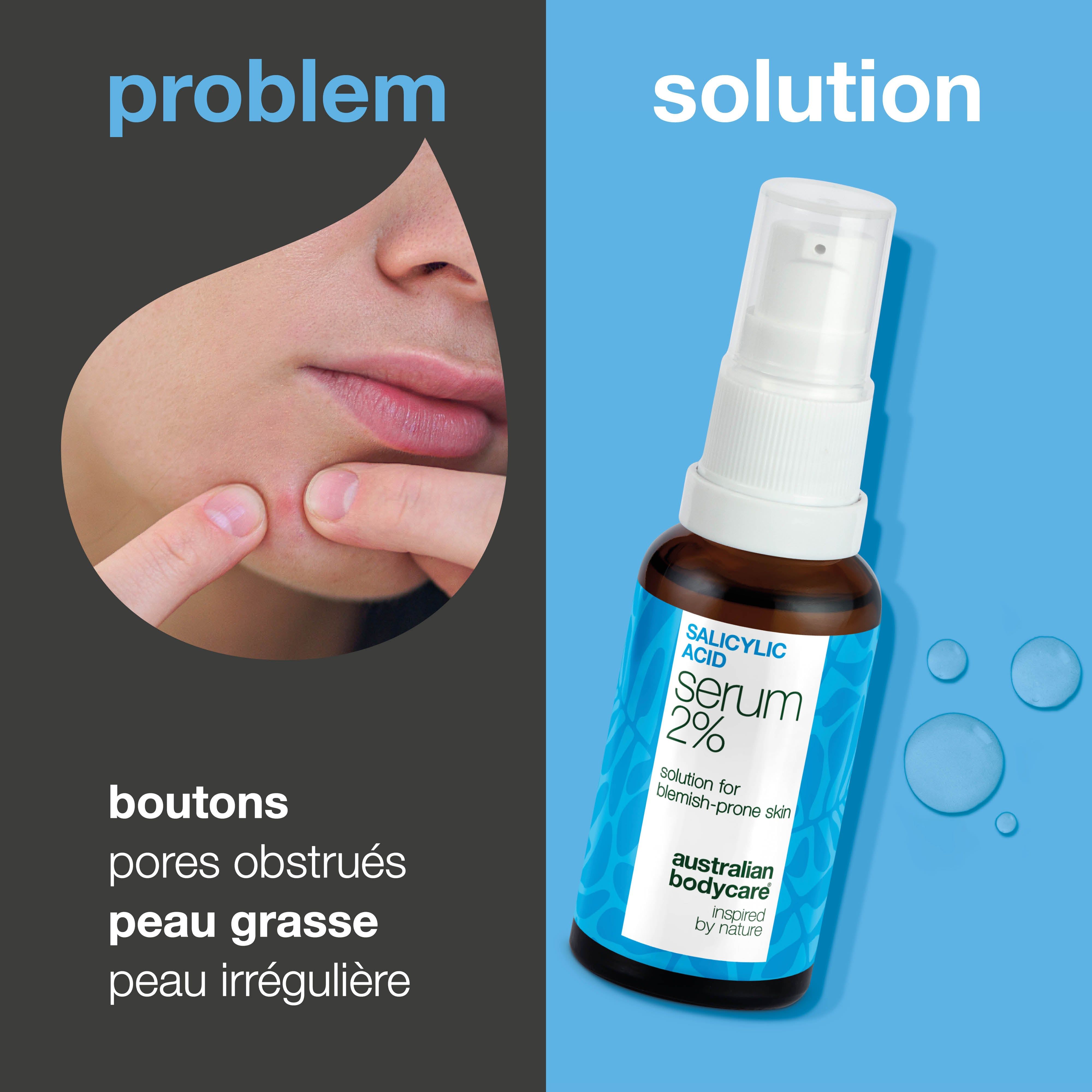 Visage avec boutons, à côté flacon de sérum. Texte : Salicylic Acid Serum 2%, australian bodycare.