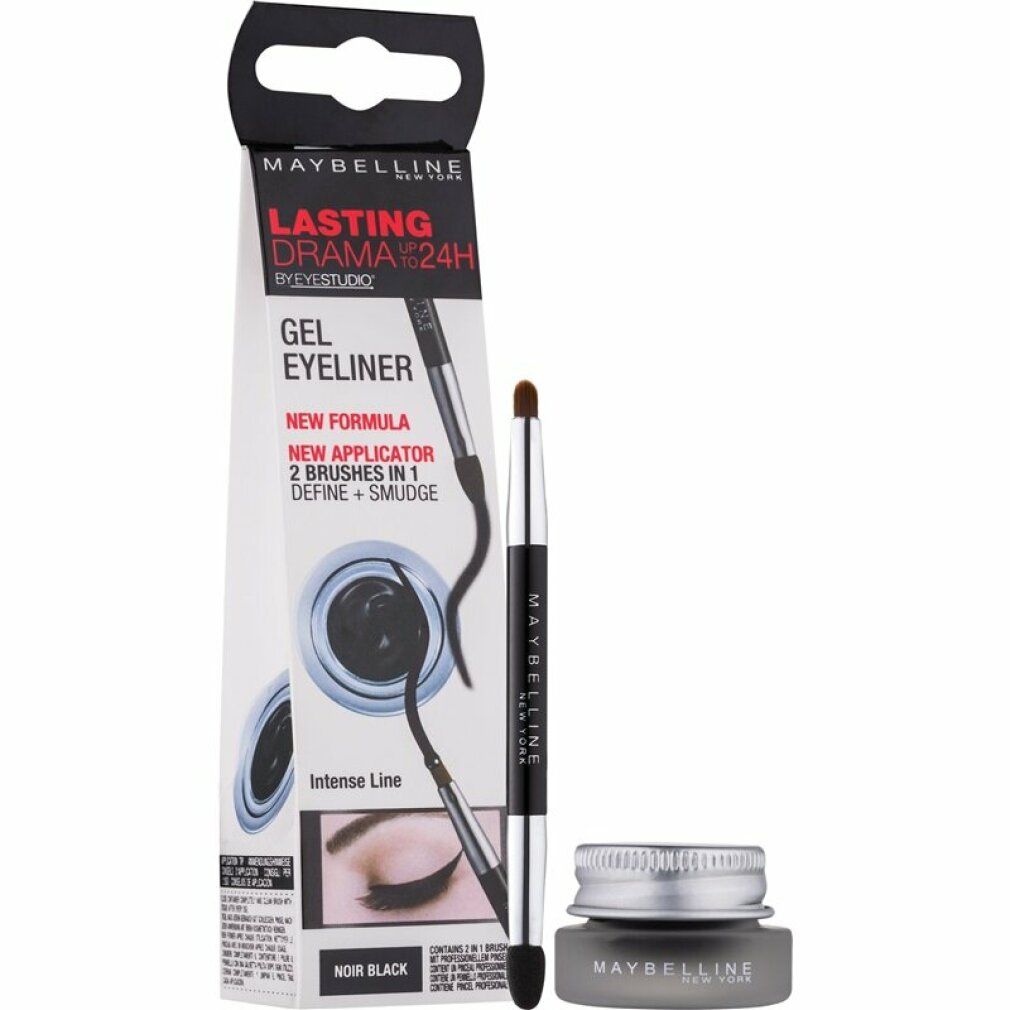 Zwarte gel eyeliner met applicator en verpakking. Merk Maybelline New York. Tekst: Lasting Drama 24H.