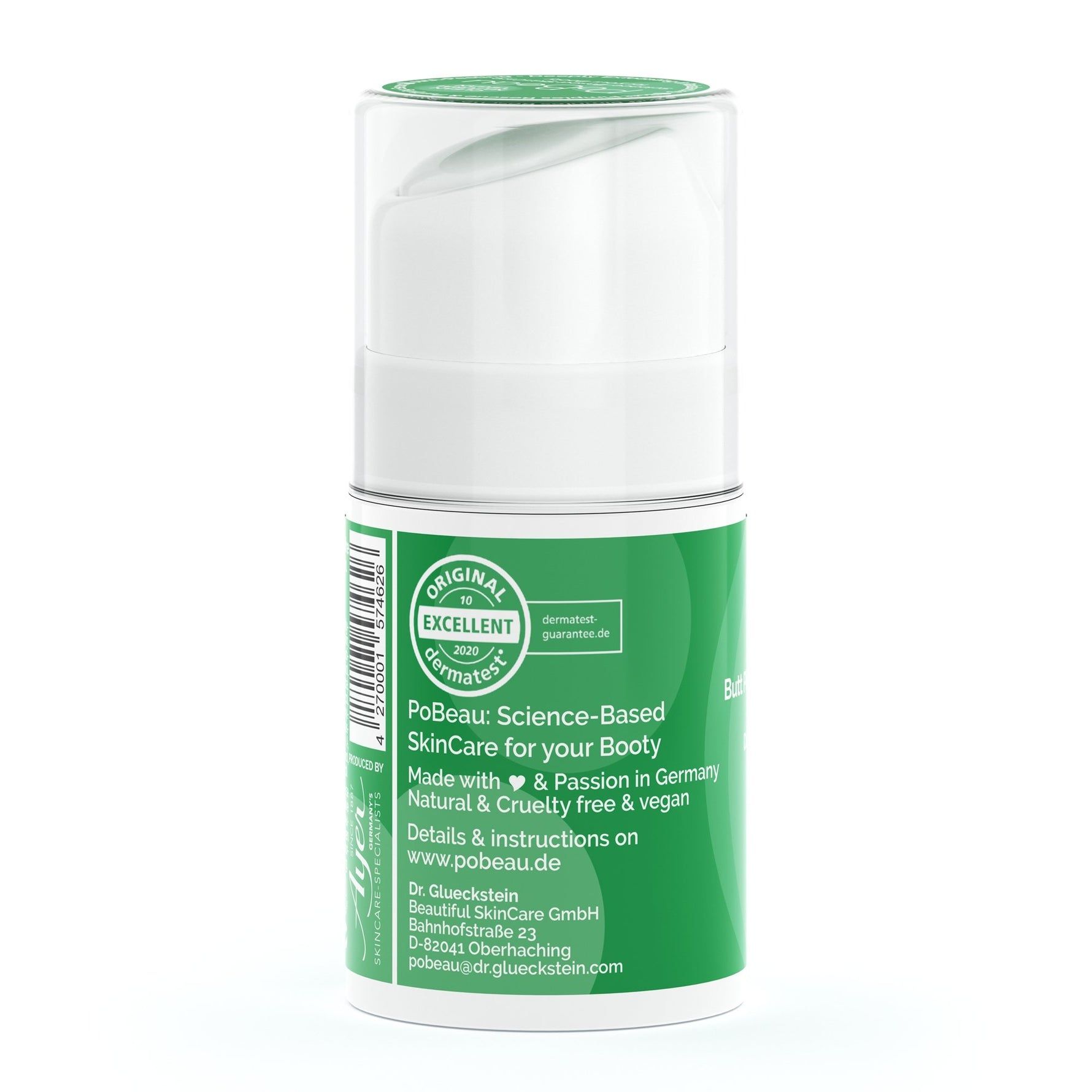 Witte fles met groen etiket. Opschrift: Pobeau, SkinCare for your Booty. Tekst: Made with & Passion in Germany. Vegan.