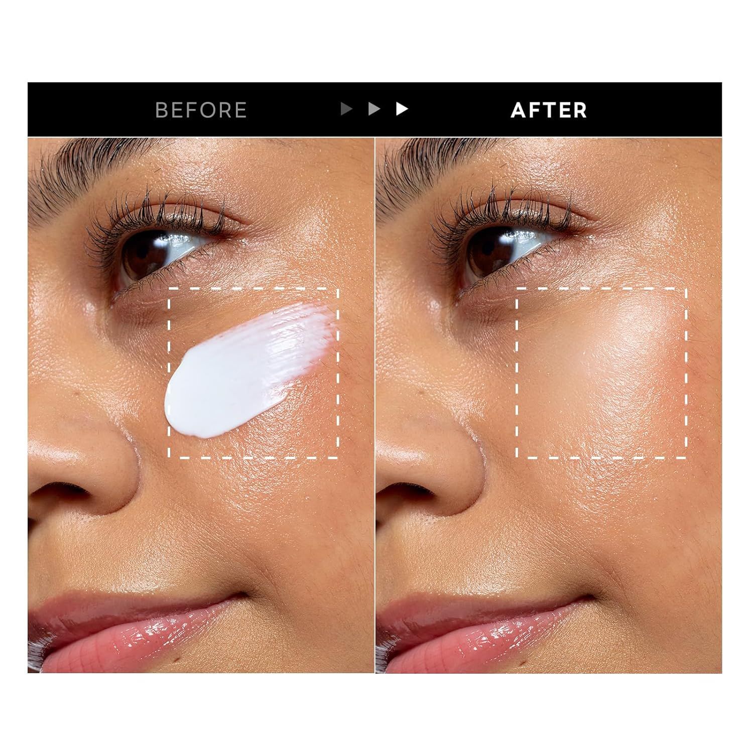 Visage avec crème. Comparaison avant/après. Crème appliquée. La peau semble plus lisse.