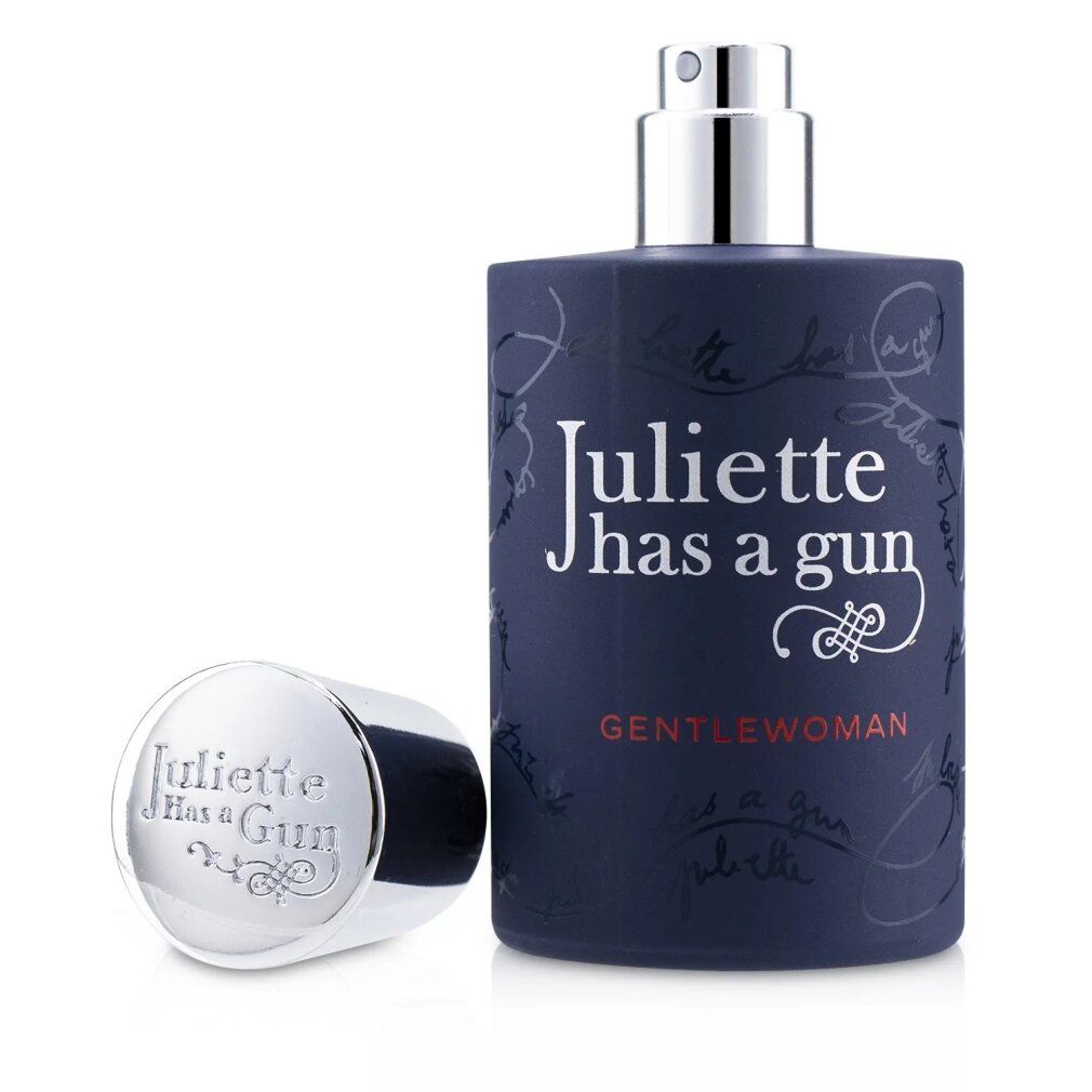 Donkerblauwe flacon, zilveren dop verwijderd. "Juliette has a gun GENTLEWOMAN".