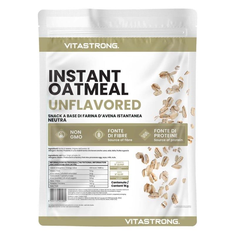 Vitastrong Instant Oatmeal, ongekruid, in zakverpakking. Bevat voedingswaarde-informatie en ingrediëntenlijst. Illustratie van havervlokken.