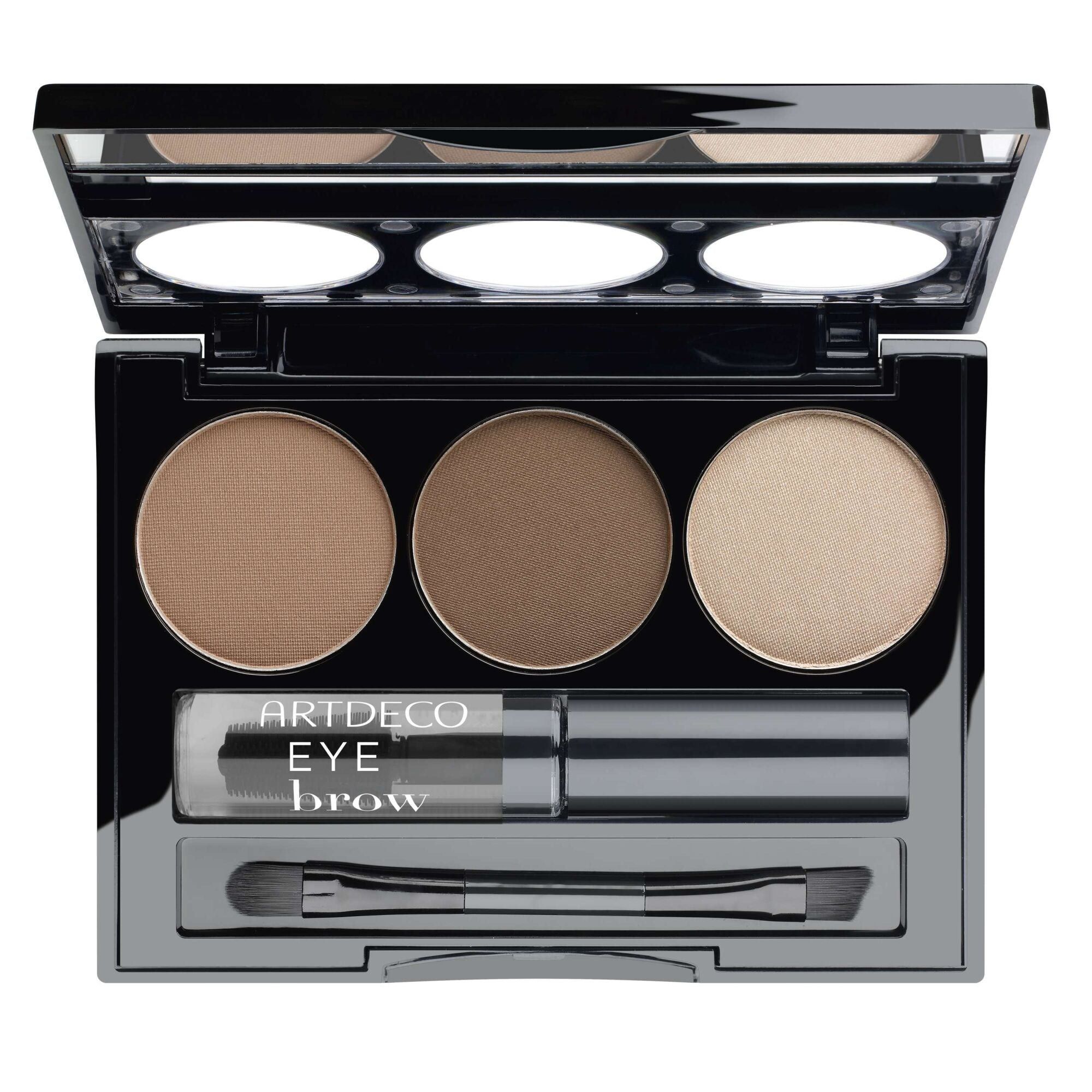 Kit sourcils Artdeco avec trois teintes de marron, applicateur et miroir.