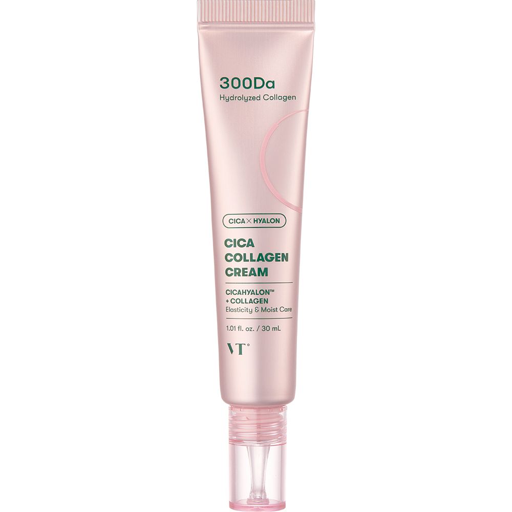 Tube rose. 300Da, Cica Kollagen Creme. CicaHyalon, collagène, élasticité & hydratation. Logo VT.