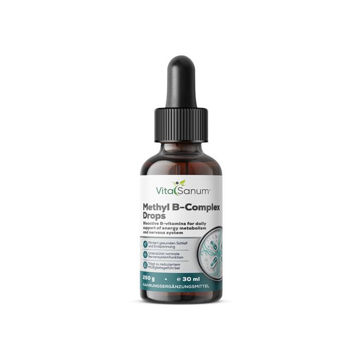 Bruine glazen fles met druppelaar, VitaSanum Methyl B-Complex Drops, 30 ml.