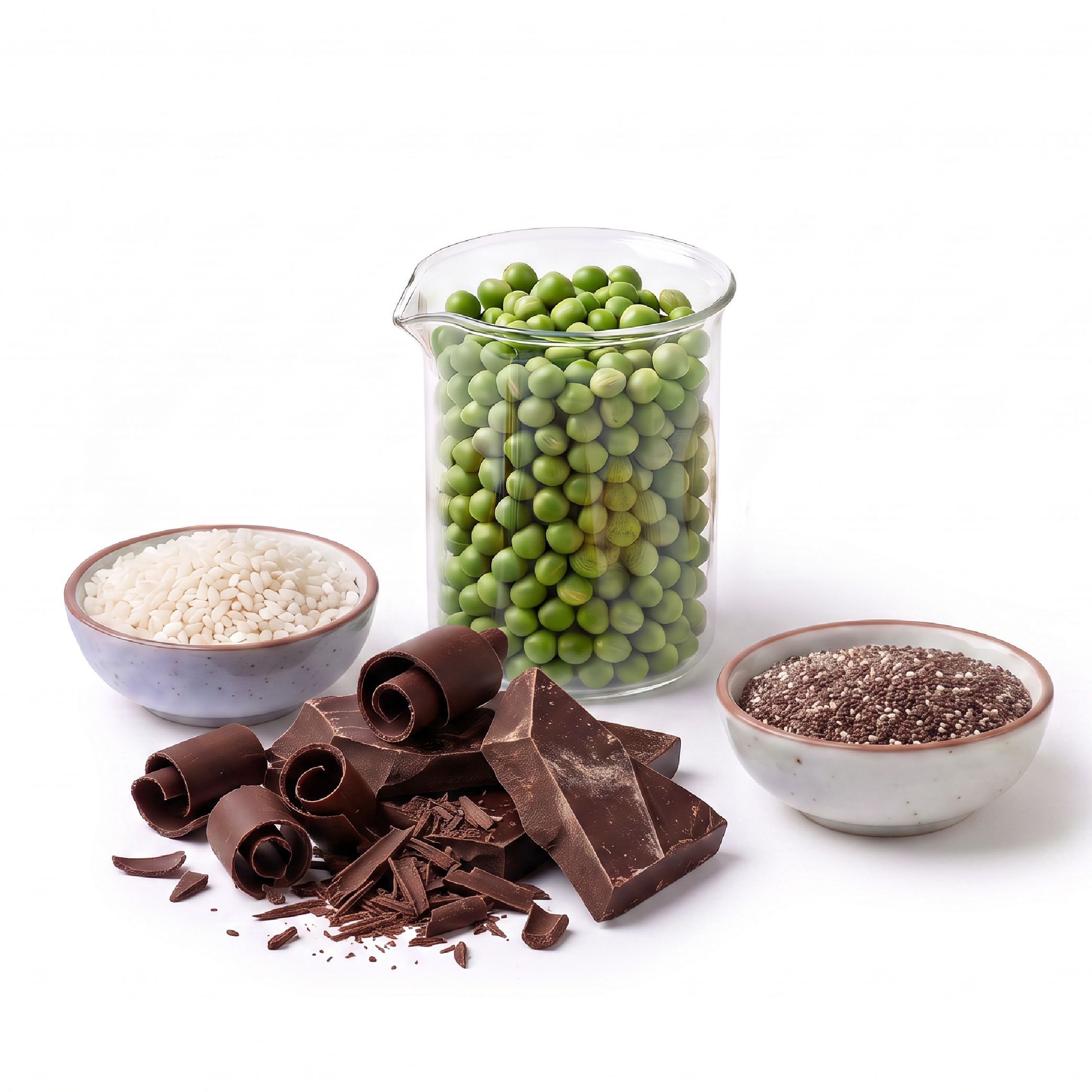 Ingrédients pour shake protéiné : pois, riz, chocolat, graines de chia dans des bols et un bécher.