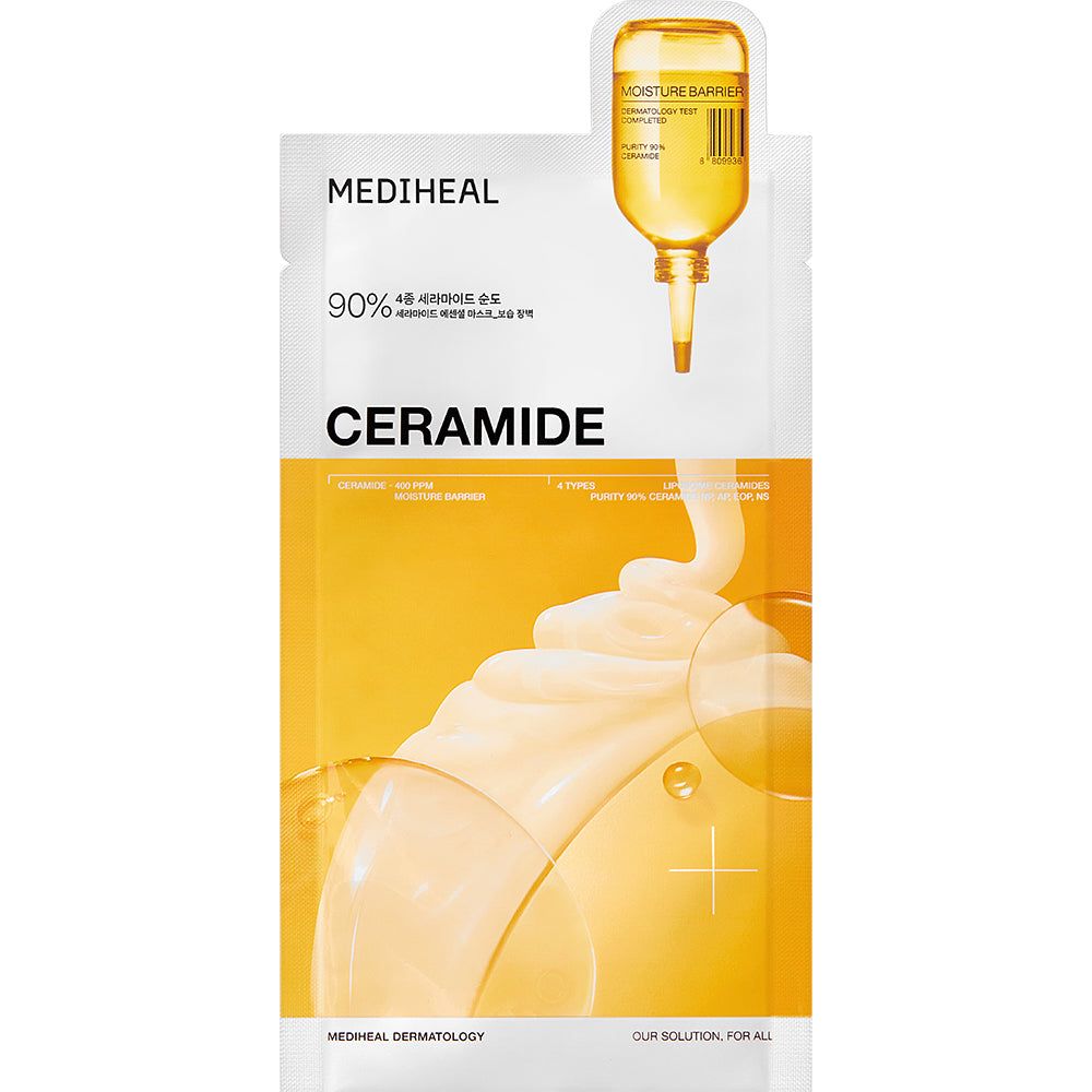 Verpakking met gele achtergrond en tekst. MEDIHEAL, CERAMIDE en 90%. Een ampul is afgebeeld.