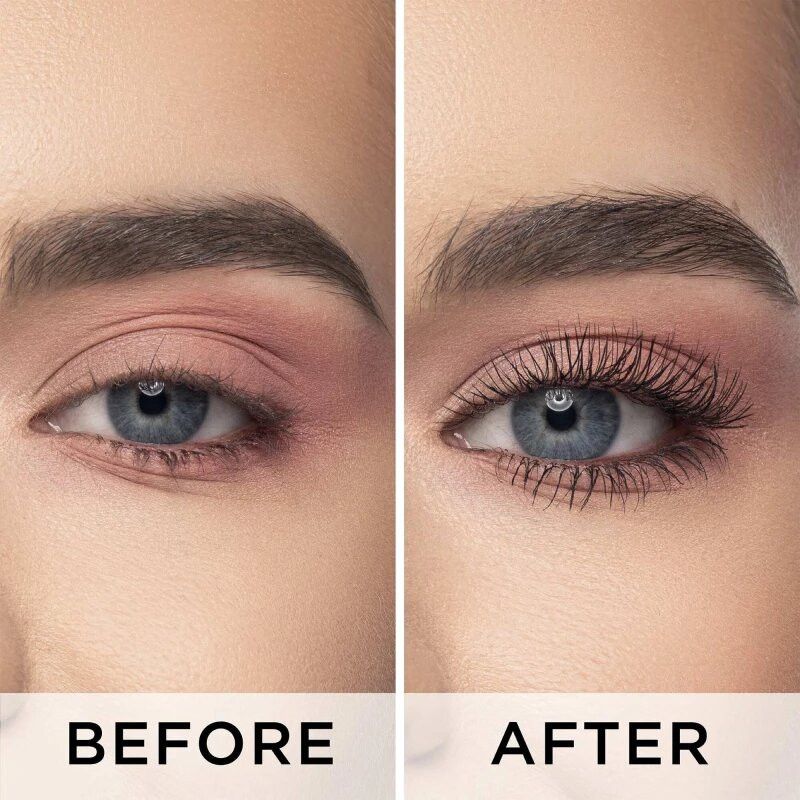 Comparaison avant-après de mascara sur les yeux.