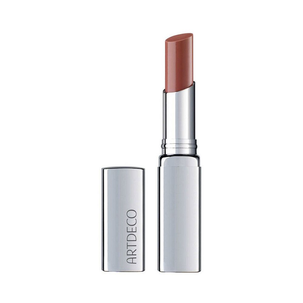 Artdeco Color Booster Lip Balm, tube argenté avec capuchon ouvert, bâton rose.