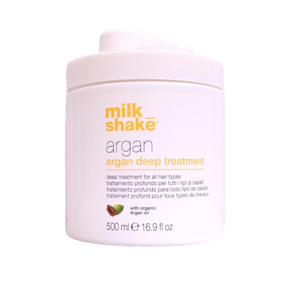 Pot blanc avec texte jaune milk_shake, Argan Deep Treatment. 500ml. Avec huile d'argan bio.
