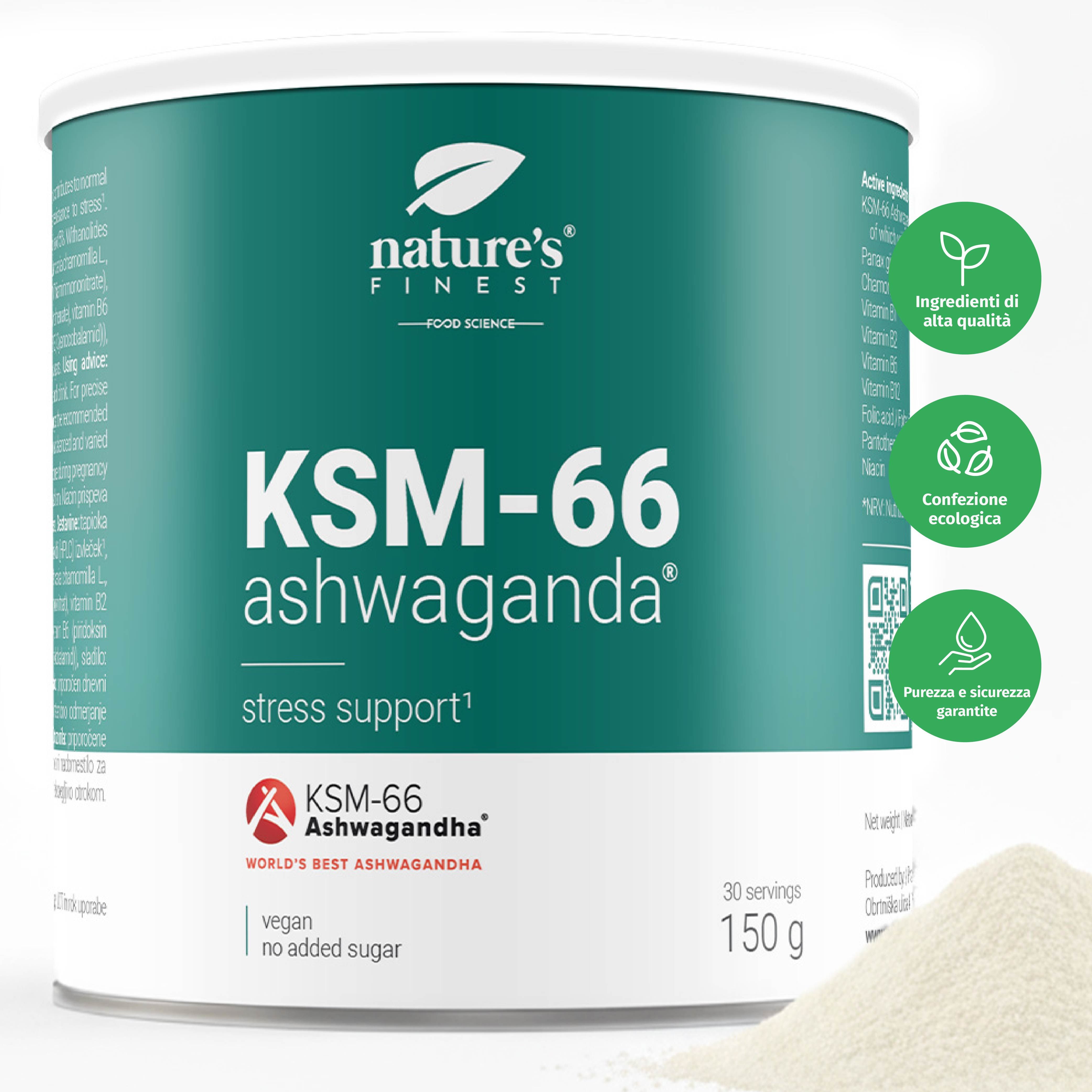 KSM-66 Ashwagandha pot met zegels voor hoge kwaliteit, ecologische conformiteit en zuiverheid. Poeder ernaast.