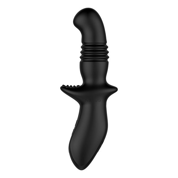 Produit de bien-être noir. Forme avec poignée, section cannelée et zone surélevée. Sur fond blanc.