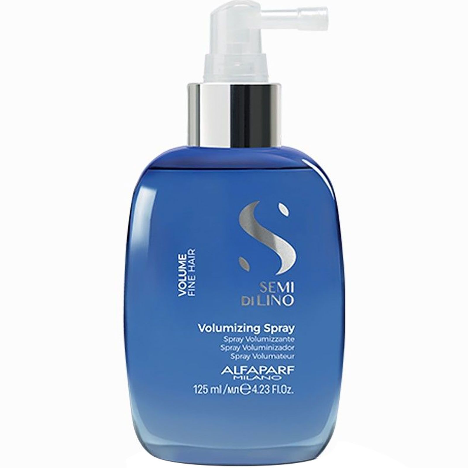 Flacon bleu avec pompe. Inscription : Semi di Lino Volumizing Spray.