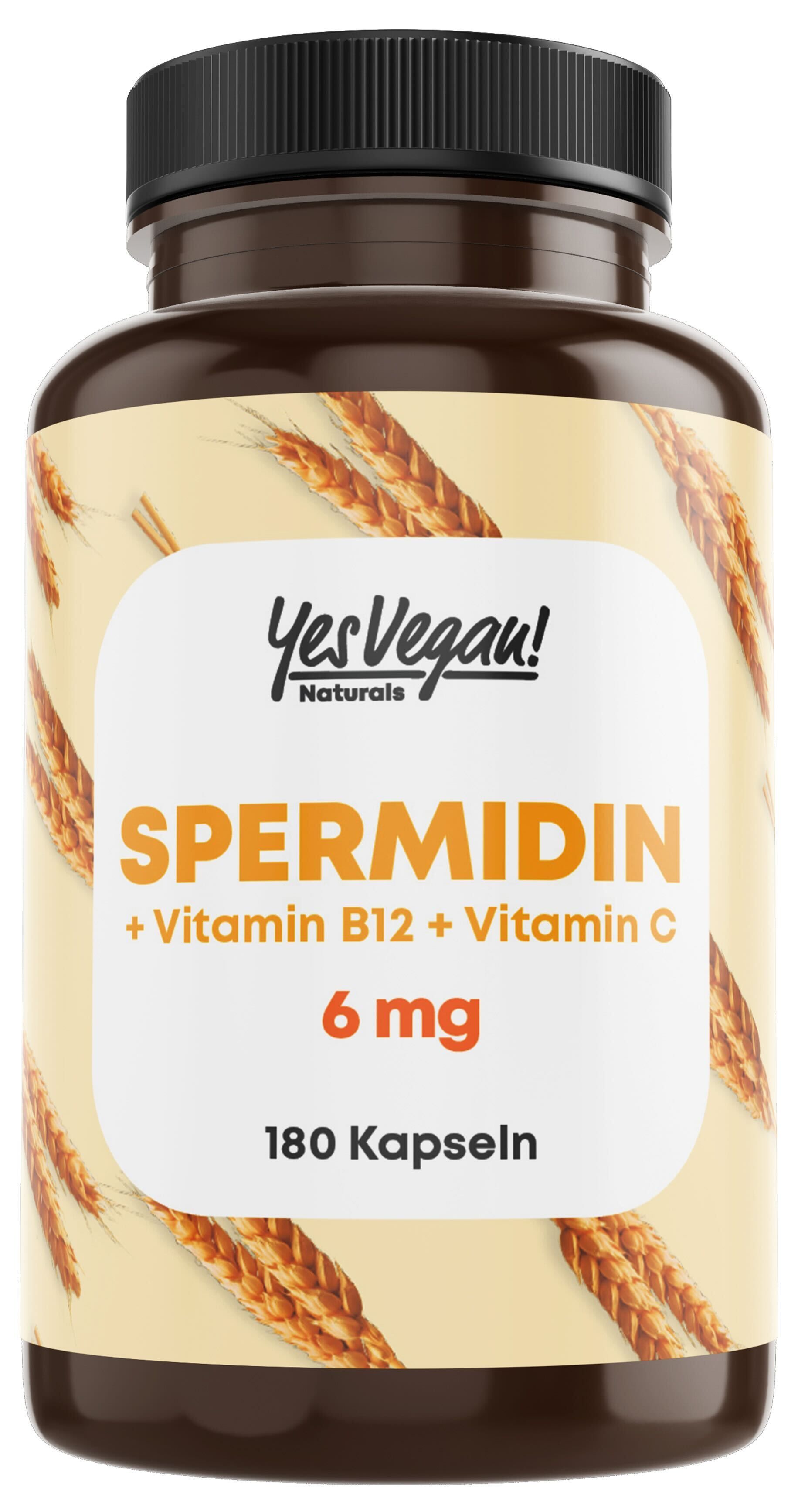 Flacon marron de gélules. Inscription: Yes Vegan! Spermidin + Vitamine B12 + Vitamine C. 6 mg. 180 gélules.