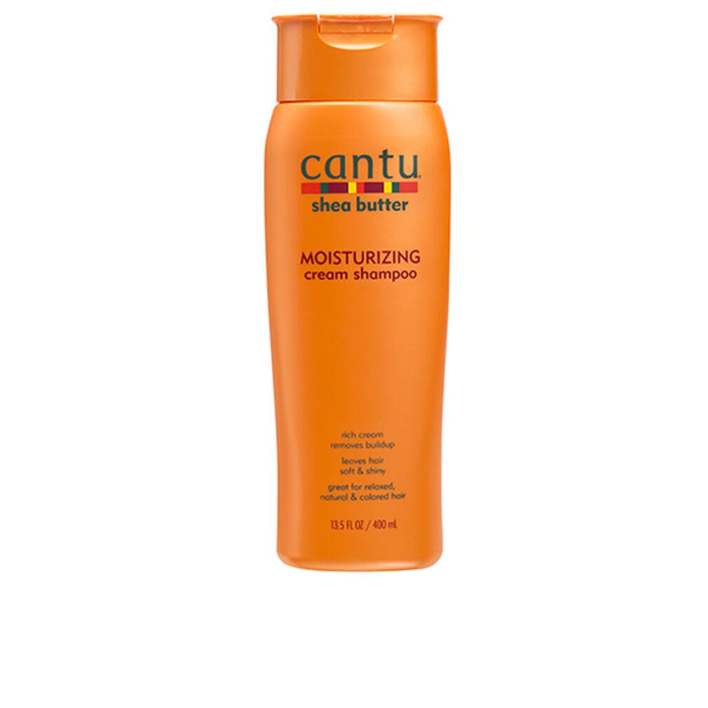 Oranje shampoo fles met Cantu logo en tekst. Bevat shea butter. Productnaam: Moisturizing Cream Shampoo.