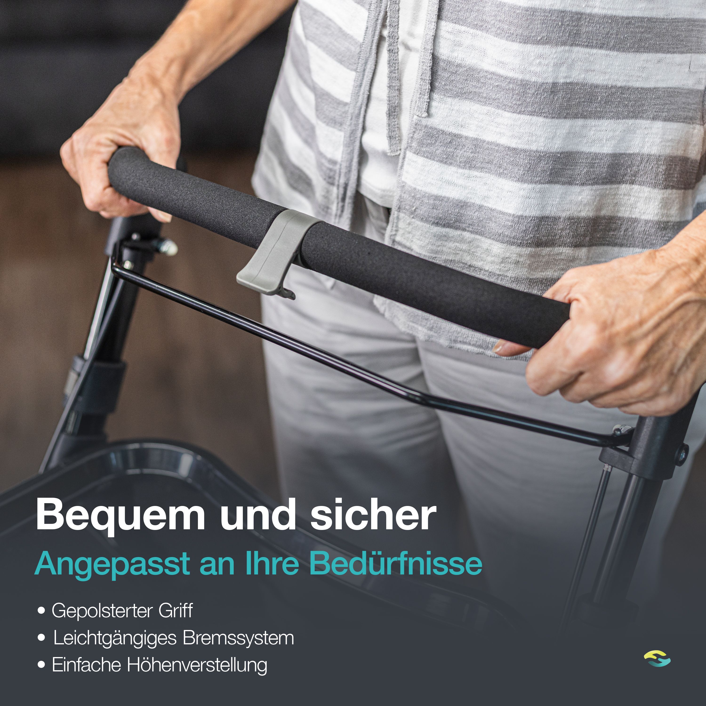 Poignée rembourrée et système de freinage d'un déambulateur d'intérieur.