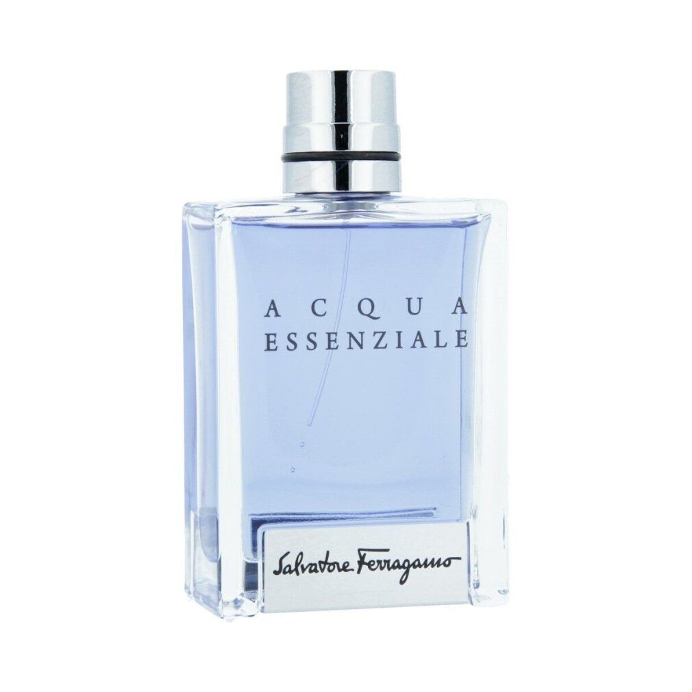 Lichtblauwe eau de toilette in vierkante fles met zilveren dop. Opschrift: Acqua Essenziale, Salvatore Ferragamo.