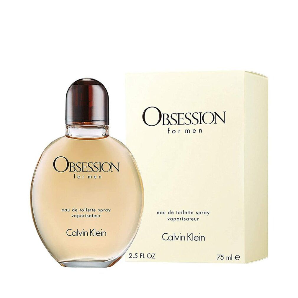 Flacon et emballage. Flacon rond, ambré, bouchon marron. Emballage beige, rectangulaire. "OBSESSION for men".