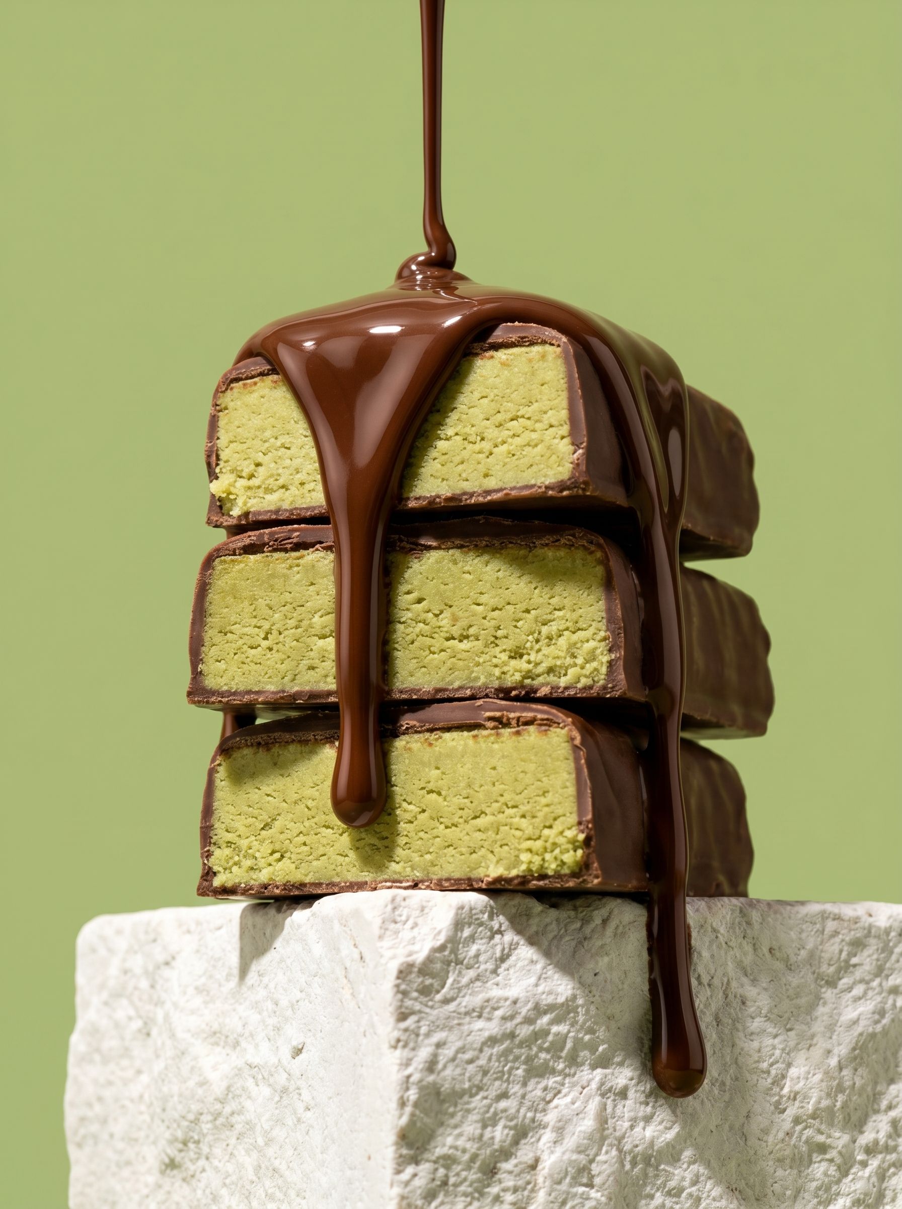 Barres protéinées à la pistache enrobées de chocolat, avec un coulis de chocolat versé dessus.