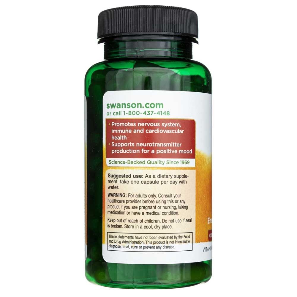 Achterkant van de SWANSON Balance B-50 Complex fles met gebruiksinstructies en kwaliteitskenmerken.