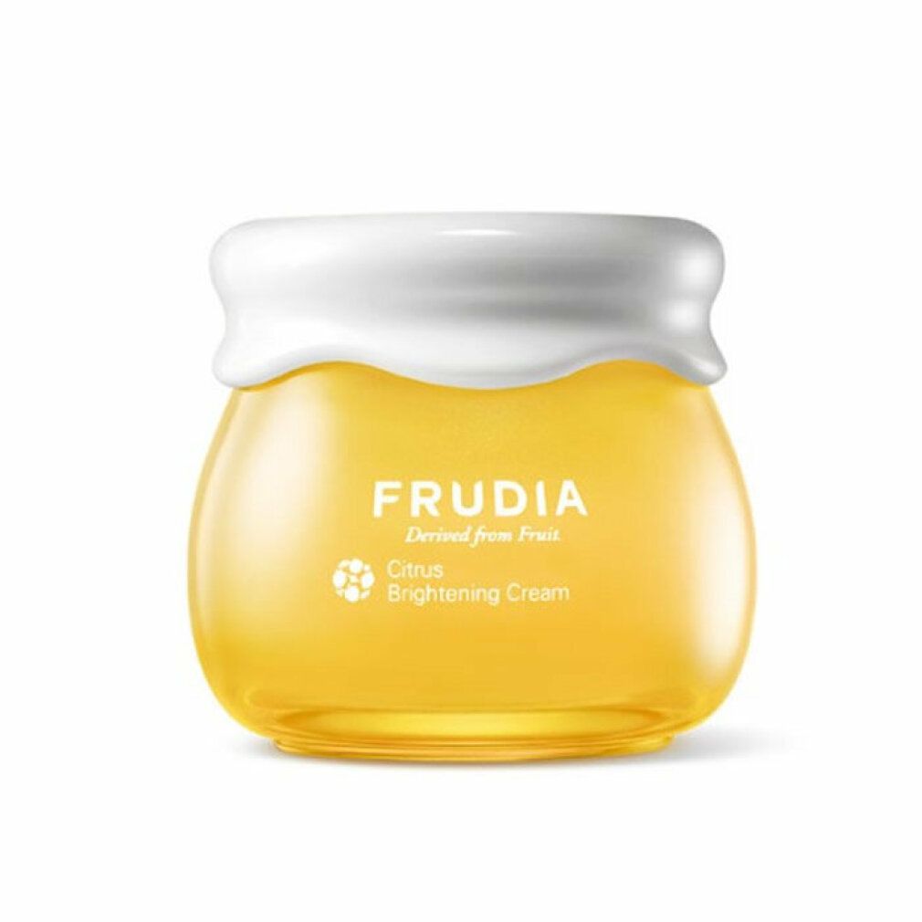 Crème en pot de verre jaune avec couvercle blanc. Texte : FRUDIA, Citrus Brightening Cream.