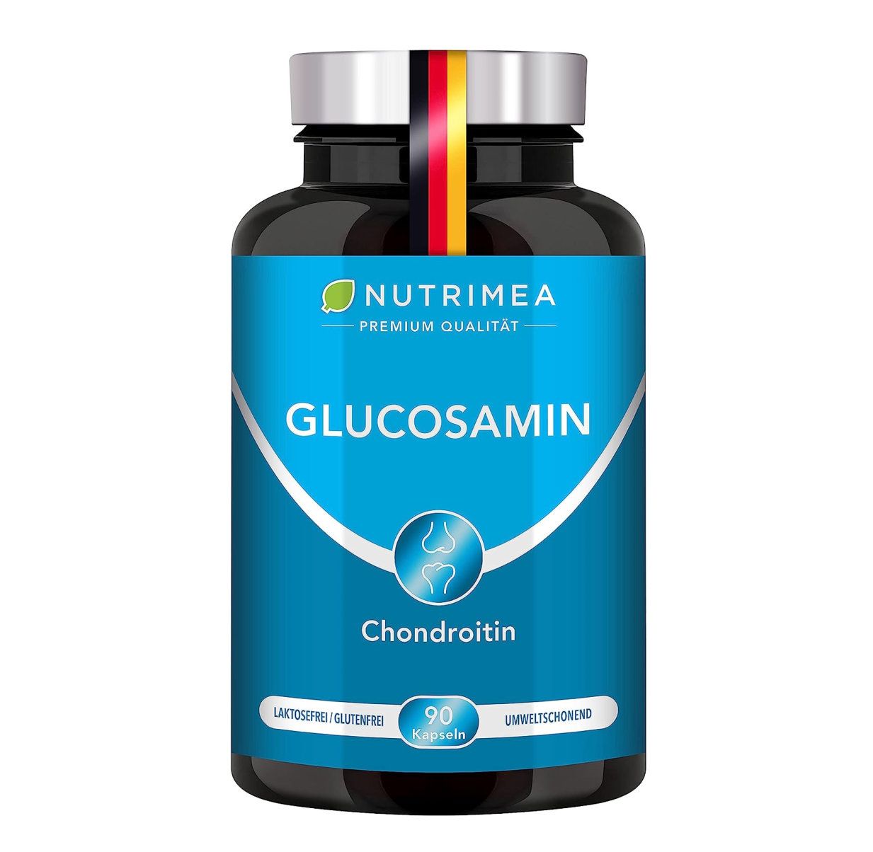 Donkere fles met blauw etiket. Bevat capsules. Opschrift: Glucosamine, Chondroïtine. 90 capsules. Premium kwaliteit.