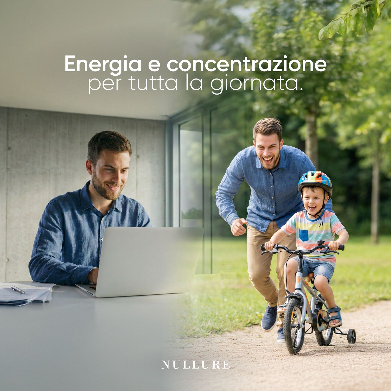 Homme travaillant sur un ordinateur portable, père et fils à vélo. "Énergie et concentration toute la journée."