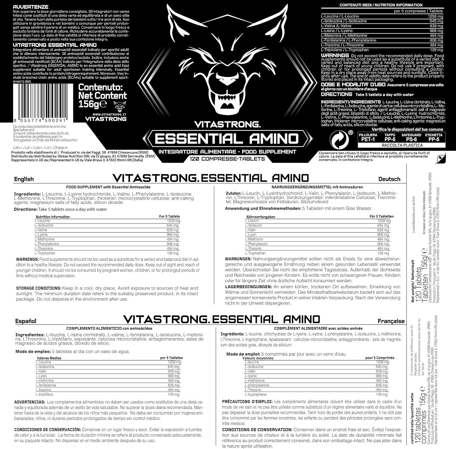 Vitastrong Essential Amino. Complément alimentaire. 120 comprimés. Informations produit multilingues.