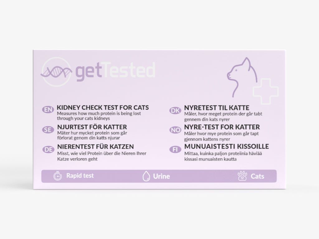 Test GetTested pour chats. Emballage avec textes multilingues. Logo et silhouette de chat.
