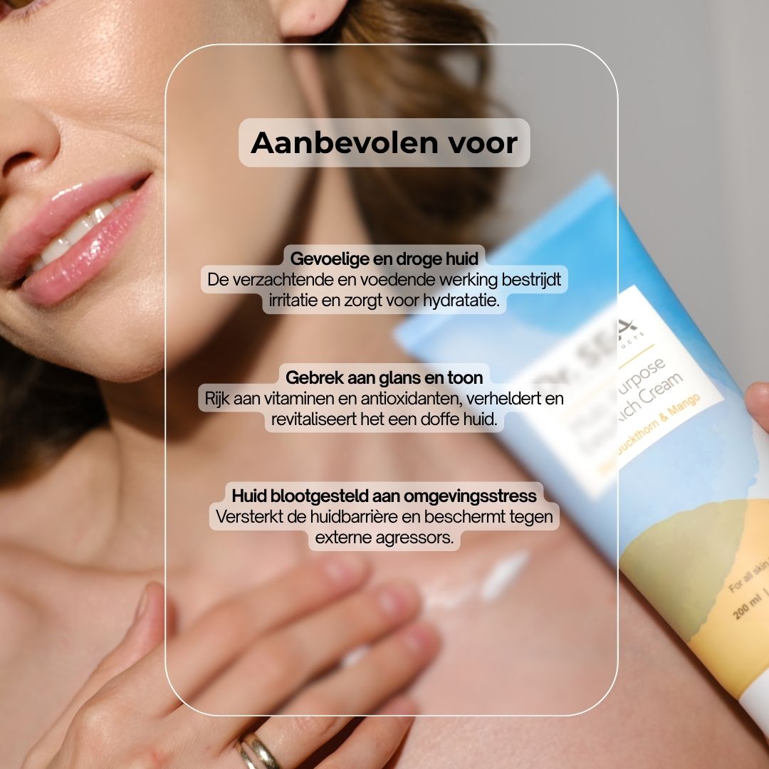 Vrouw brengt crème aan. Tekst: Aanbevolen voor gevoelige huid, gebrek aan glans, door stress aangetaste huid. Tube op de achtergrond.