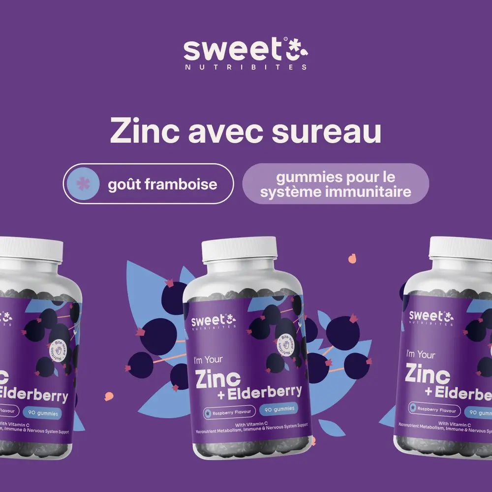 Trois flacons de gummies Zinc + Sureau. Texte : Zinc avec sureau. Goût framboise, gummies pour le système immunitaire.