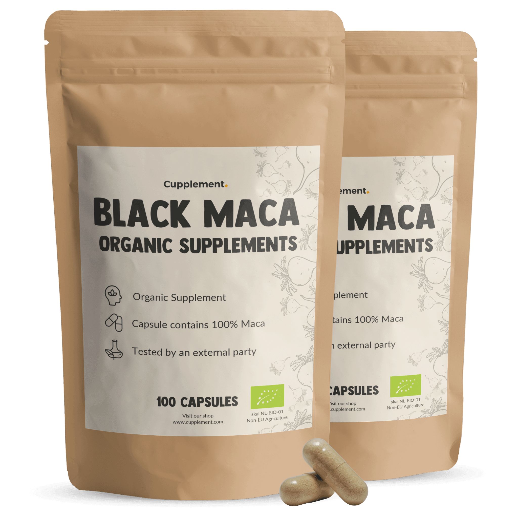 Deux sachets de gélules de maca noire Cupplement®. Inscription : Black Maca Organic Supplements, 100 gélules.