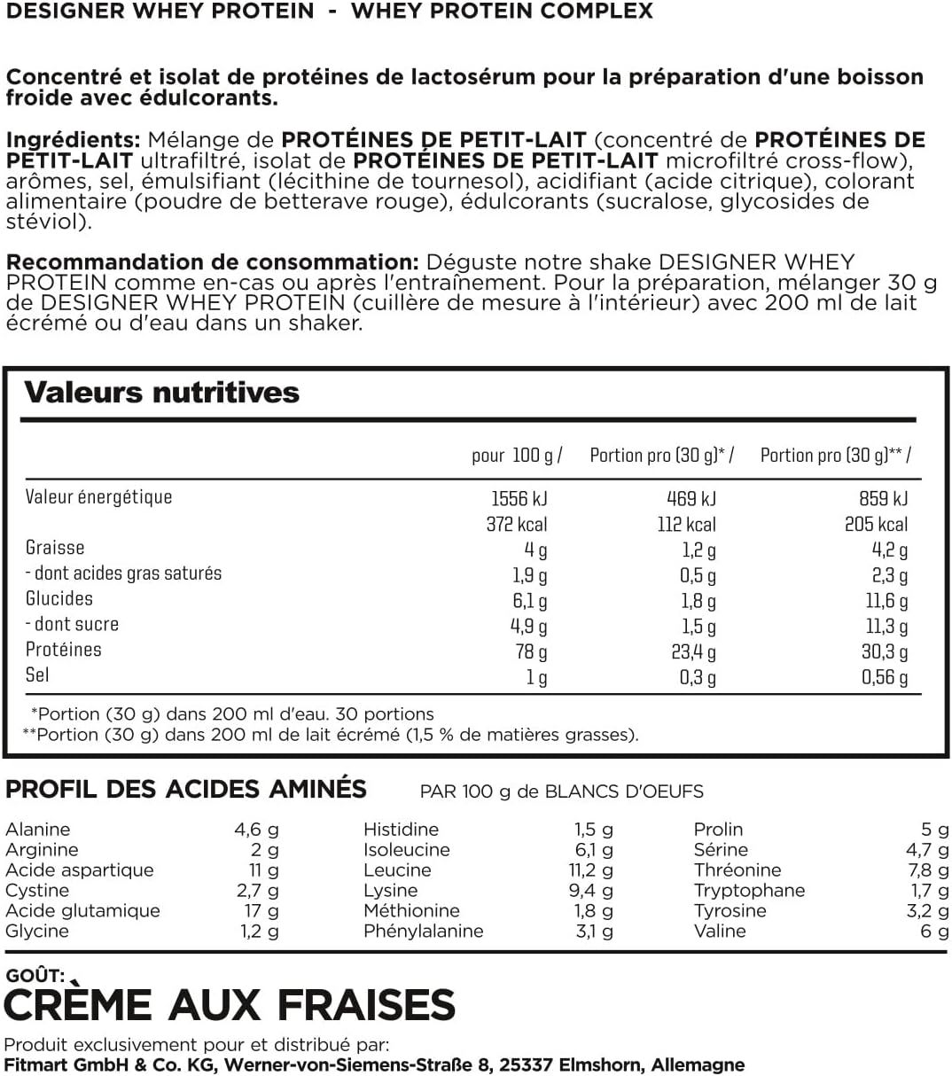 Étiquette du pot ESN Designer Whey Protein Fraise Crème avec informations nutritionnelles et instructions de préparation.