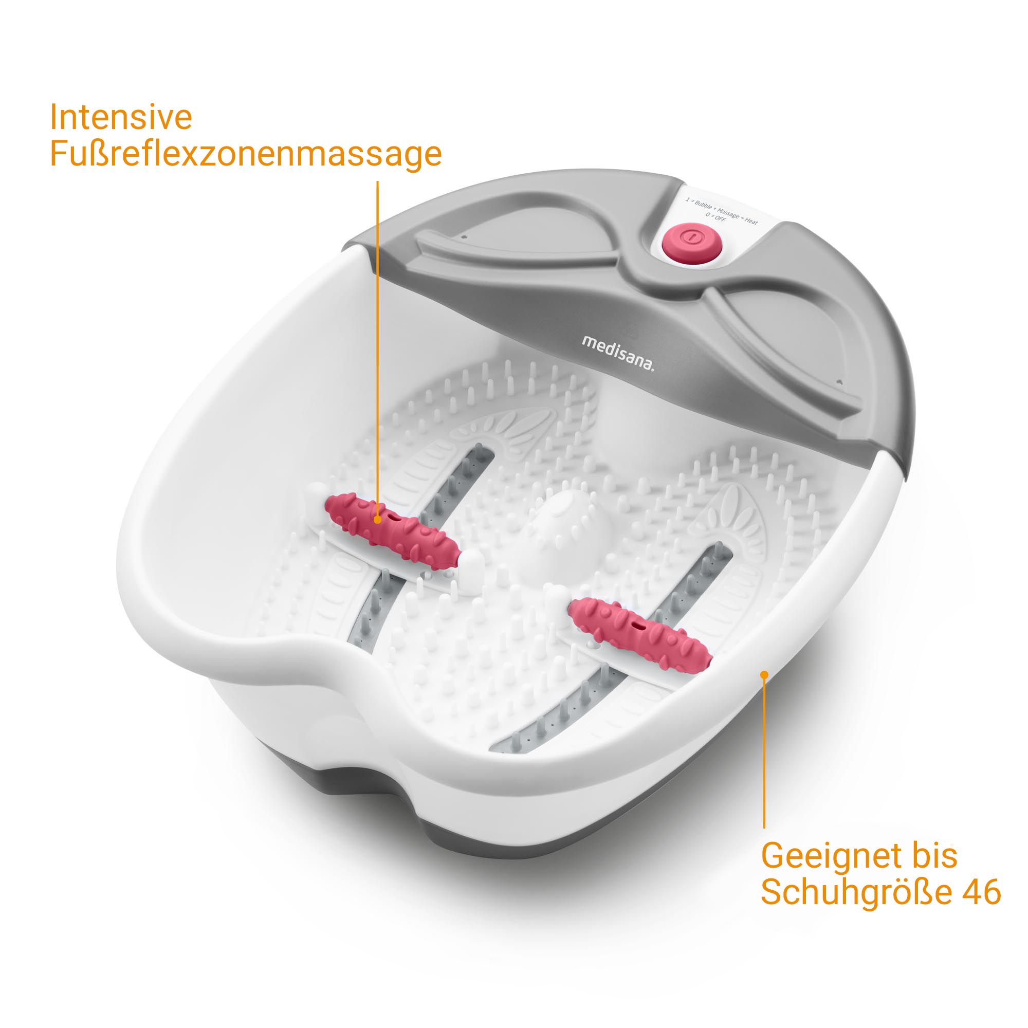 Bain de pieds Medisana avec fonction massage et chaleur, convient jusqu'à la pointure 46.