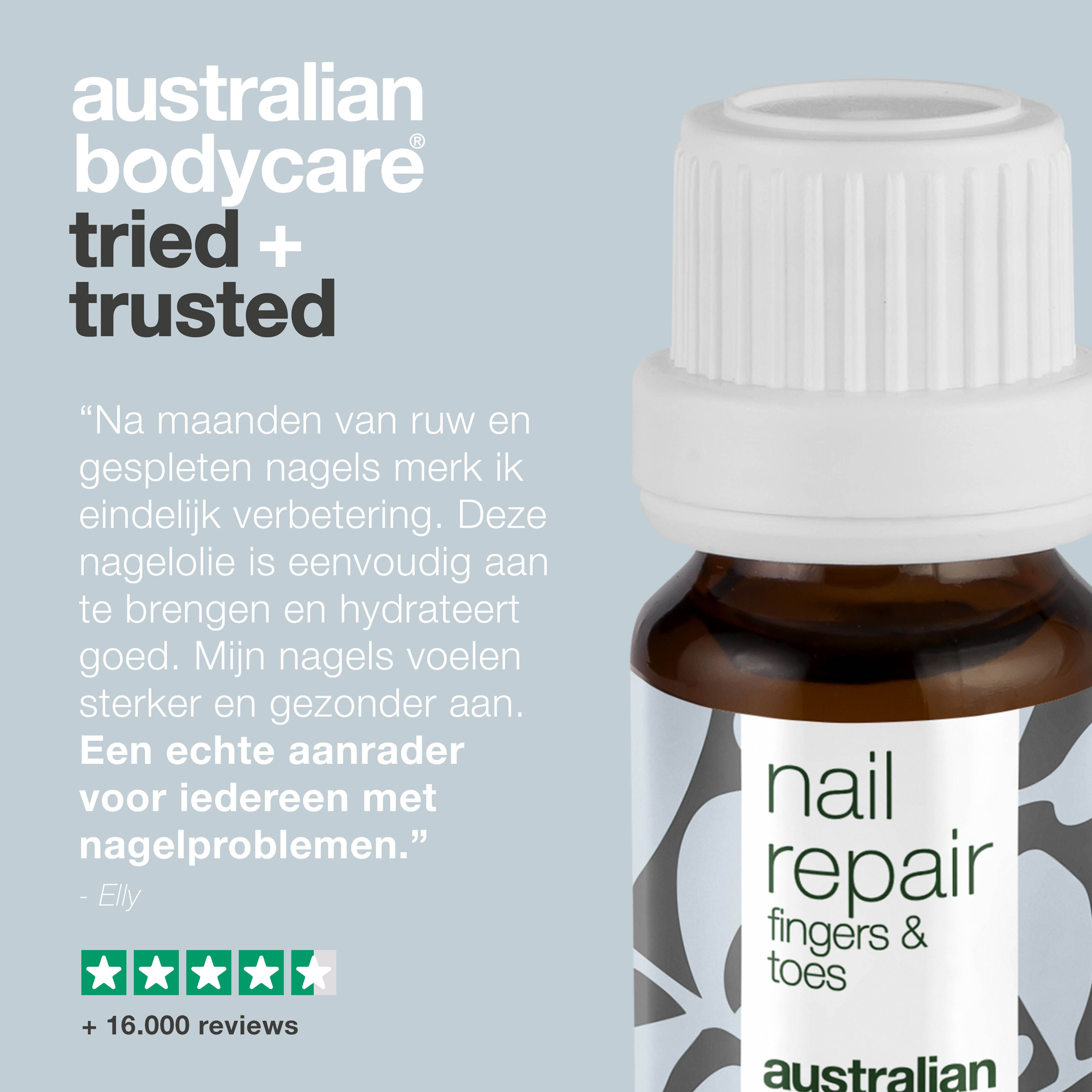 Flesje met "nail repair fingers & toes". Tekst: "Na maanden van ruw...". Logo en beoordelingen.