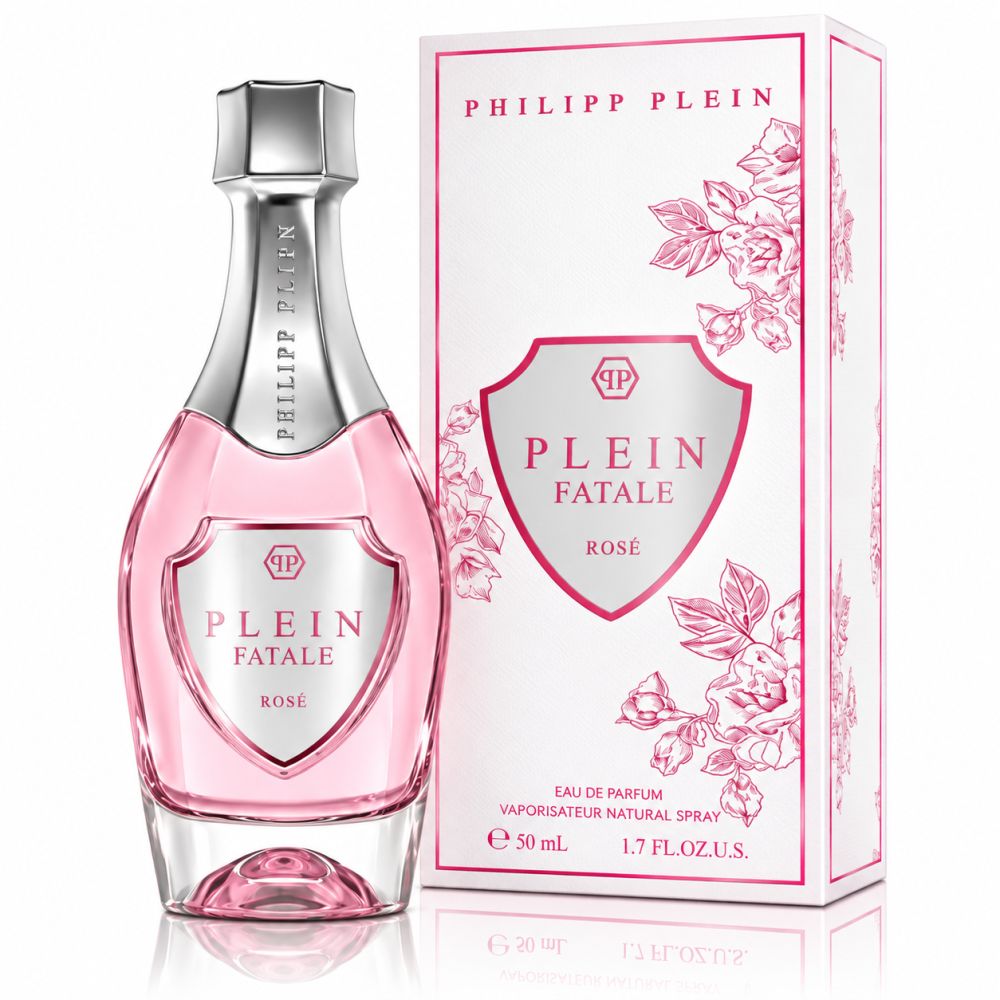 Philipp Plein flacon met roze parfum en zilveren dop, naast de bijpassende verpakking.