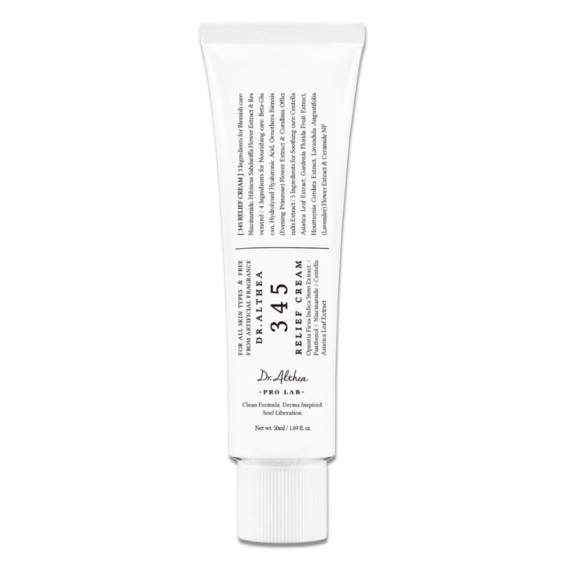 Witte tube met productinformatie. Opschrift: Dr. Althea 345 Relief Cream. Voor alle huidtypes.