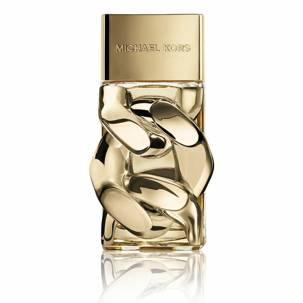 Gouden parfumfles met kettingdetails en "MICHAEL KORS"-opschrift op de dop.
