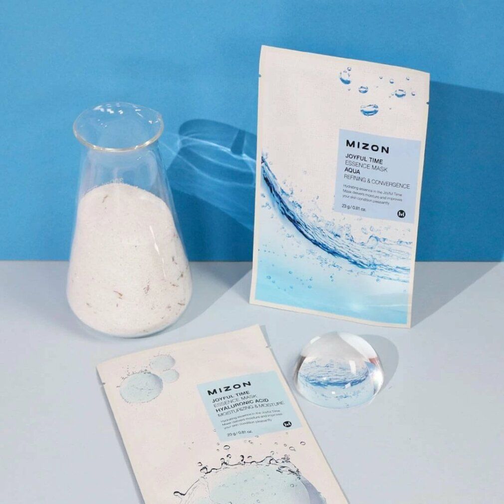 Masque MIZON Acide Hyaluronique à côté d'un récipient en verre.