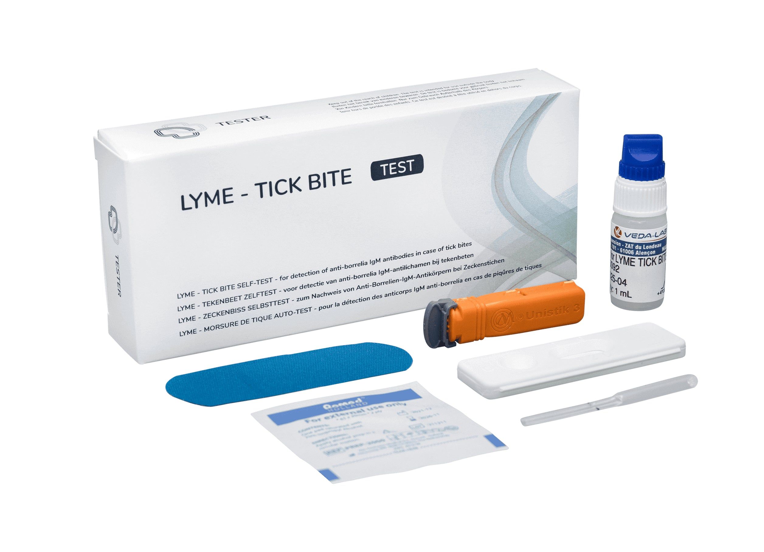 Lyme-testkit met druppelaar, testcassette, wattenstaafje en instructies. Bevat alle componenten voor een tekenbeettest.