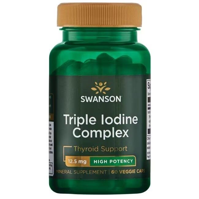 Flacon vert avec bouchon marron. Inscription 'SWANSON Triple Iodine Complex'. 60 gélules végétales. '12.5 mg High Potency'.