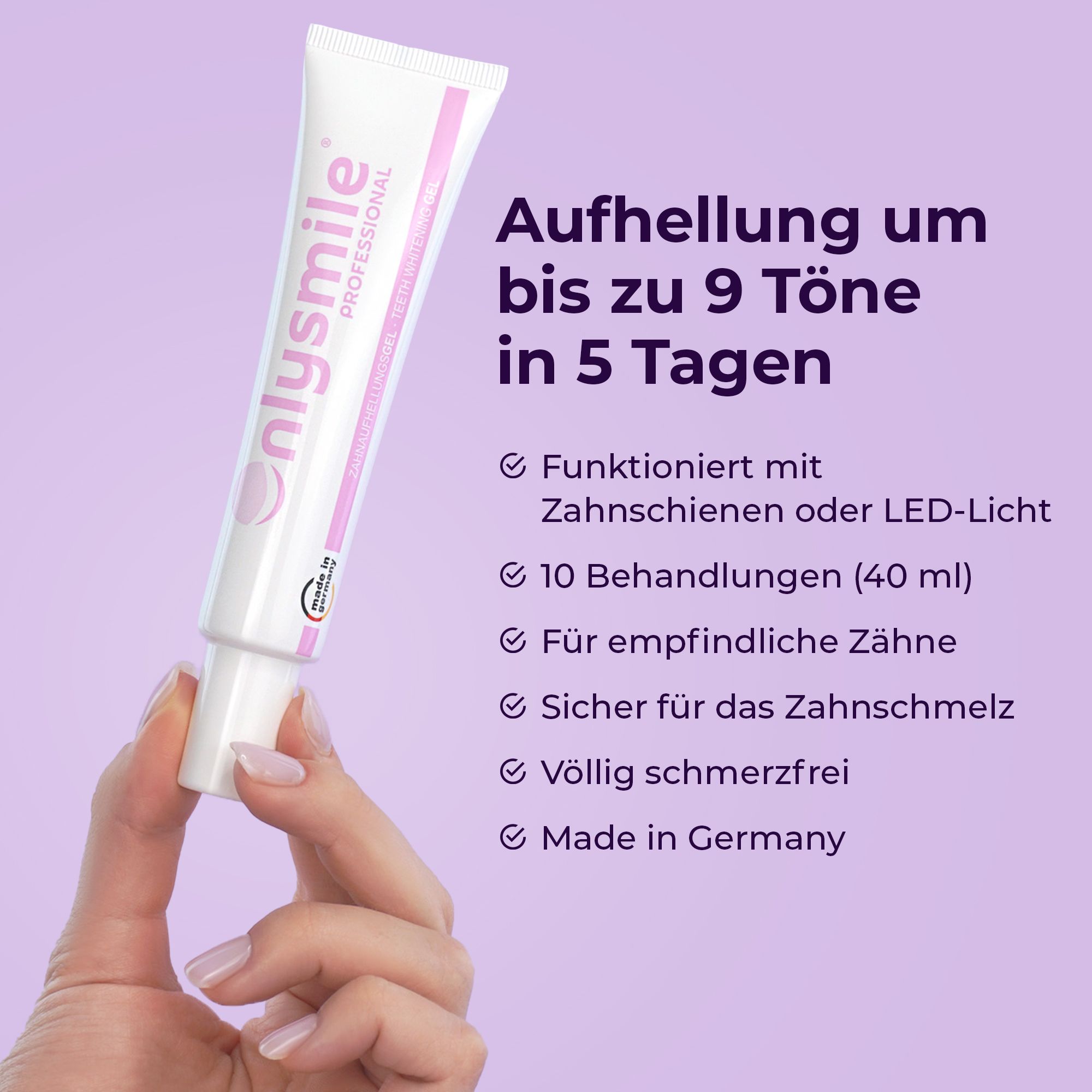 Hand met OnlySmile gel. Tekst: Bleekt tot 9 tinten in 5 dagen. 10 behandelingen (40 ml). Made in Germany.