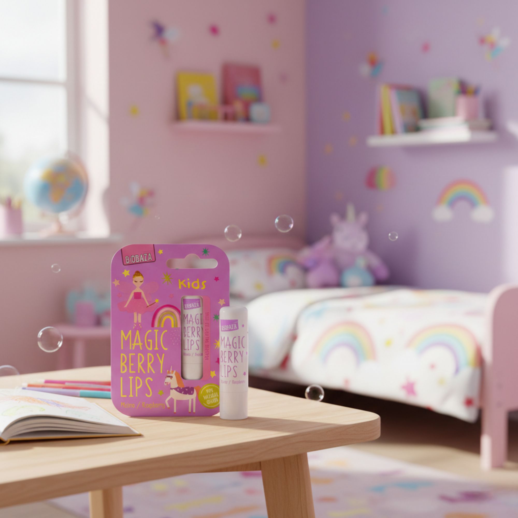 Verpakking en lippenbalsem op een tafel. Opschrift: Magic Berry Lips. Achtergrond: kinderkamer met bed, speelgoed en decoratie.