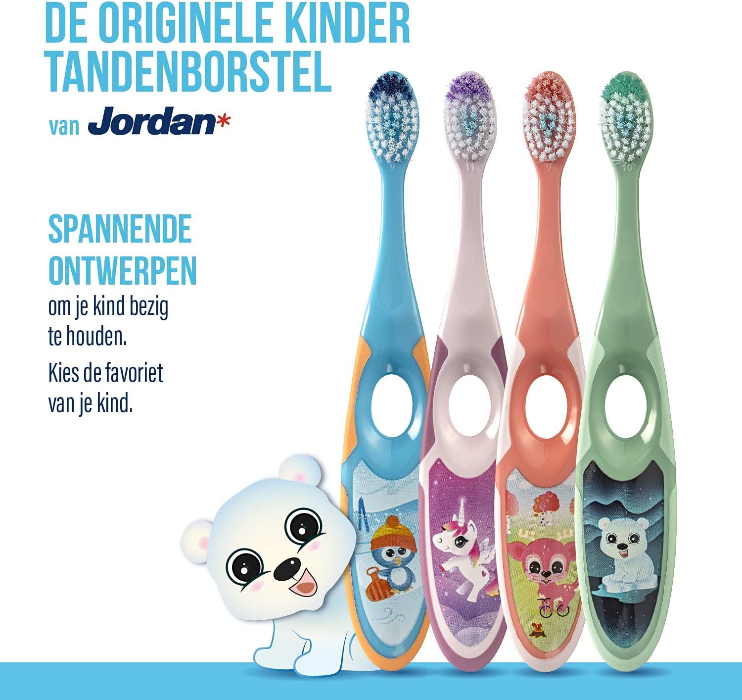 Vier kinder tandenborstels met dierenprints en Scandinavisch design.