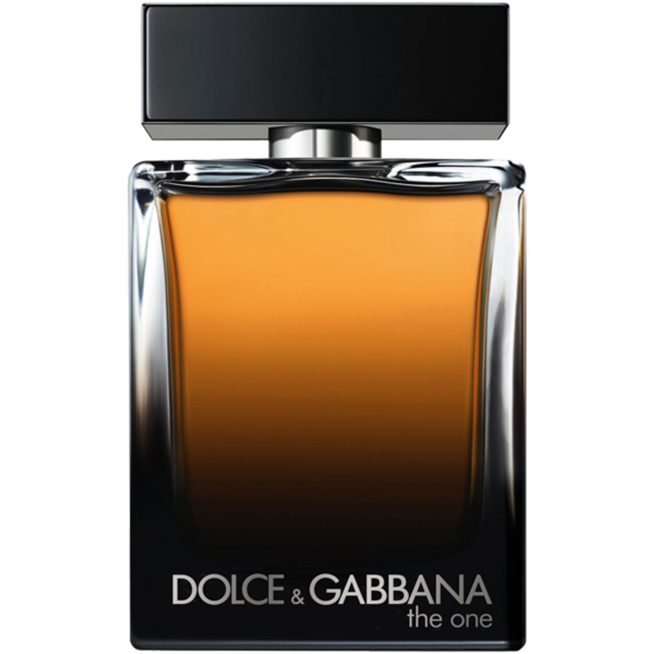 Flacon Dolce & Gabbana The One For Men. Bouchon noir, flacon rectangulaire, liquide ambré. Vaporisateur argenté.