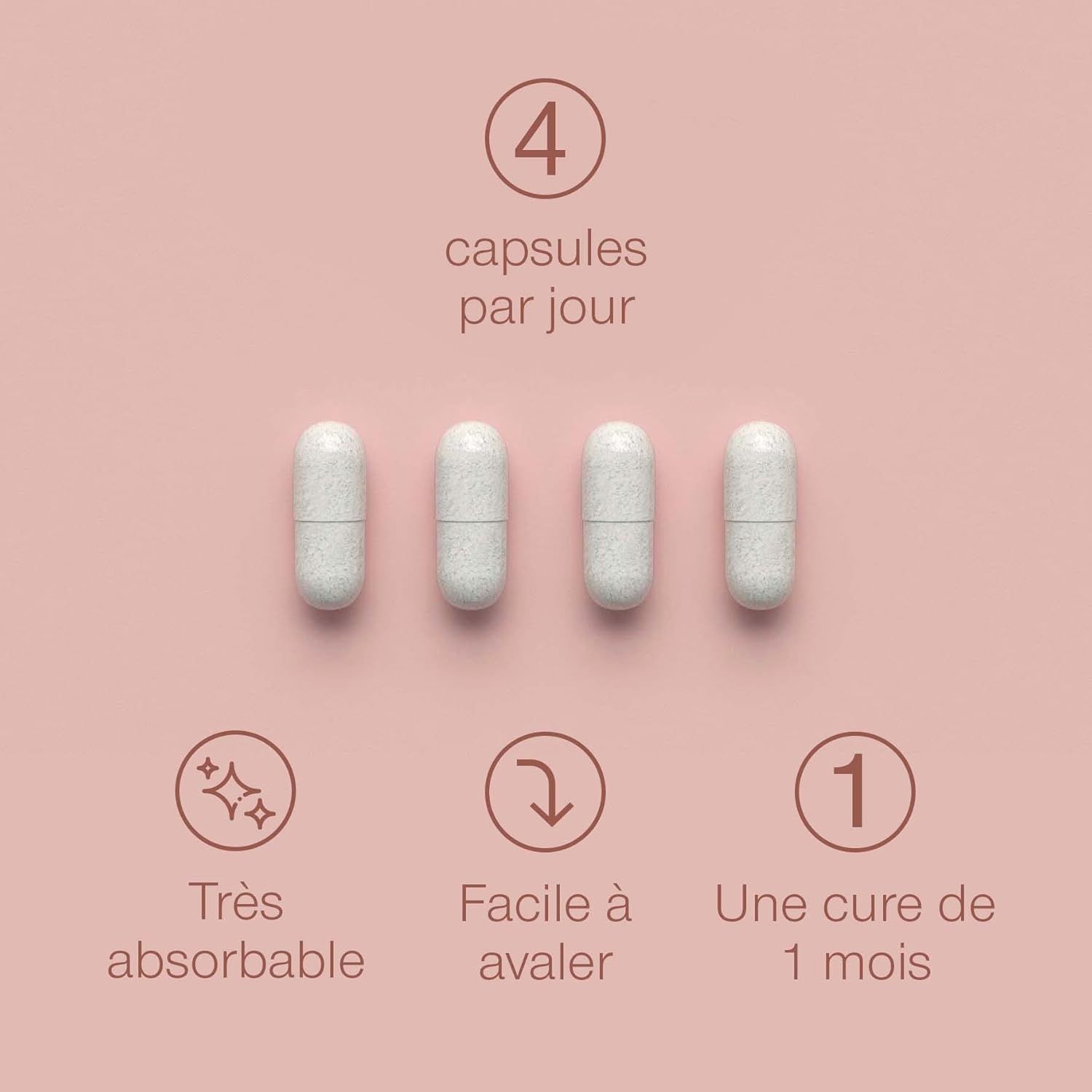 Quatre capsules blanches alignées. En haut : '4 capsules par jour'. En bas : icônes pour une absorption élevée, facile à avaler et une cure de 1 mois.