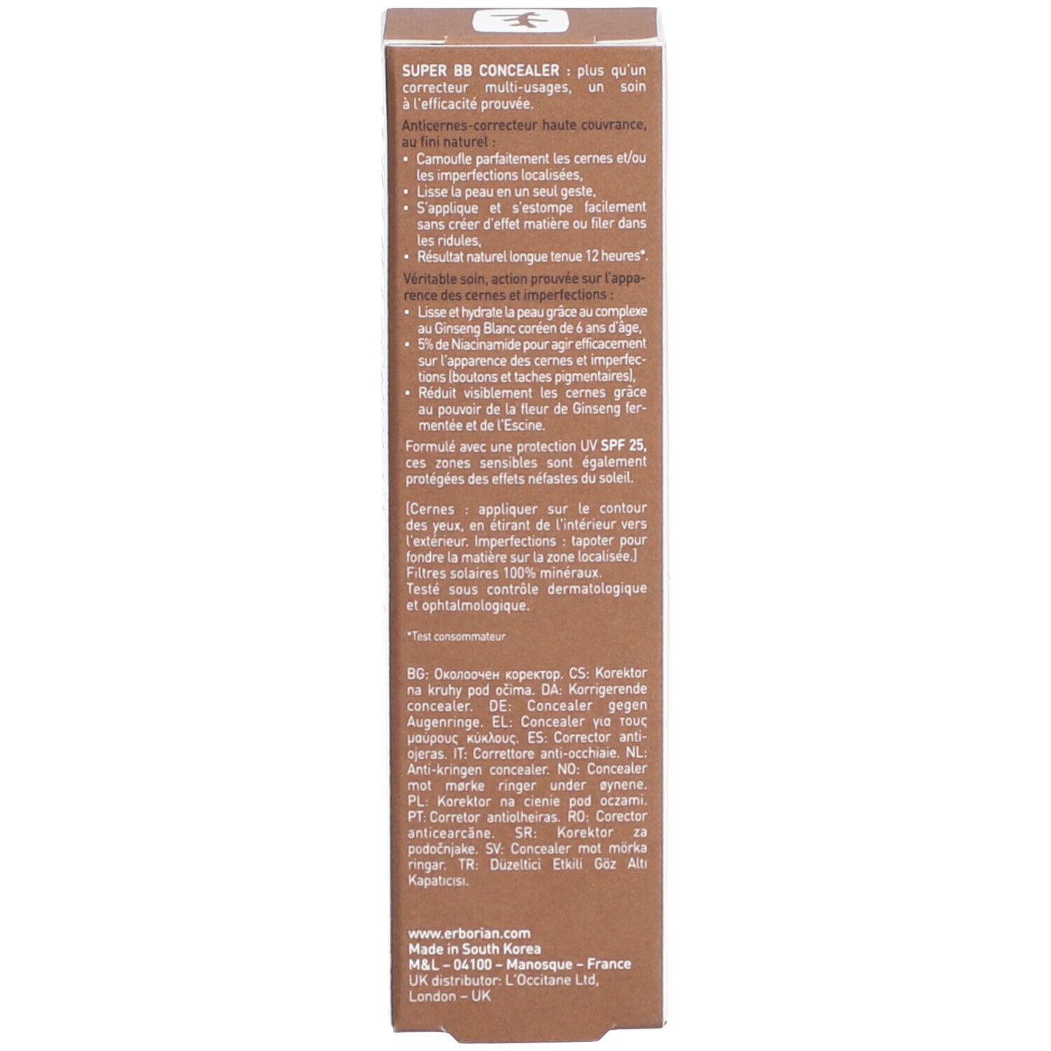 Côté de l'emballage de SUPER BB CONCEALER CHOCOLAT. Texte : Description du produit, instructions d'utilisation, informations du fabricant.