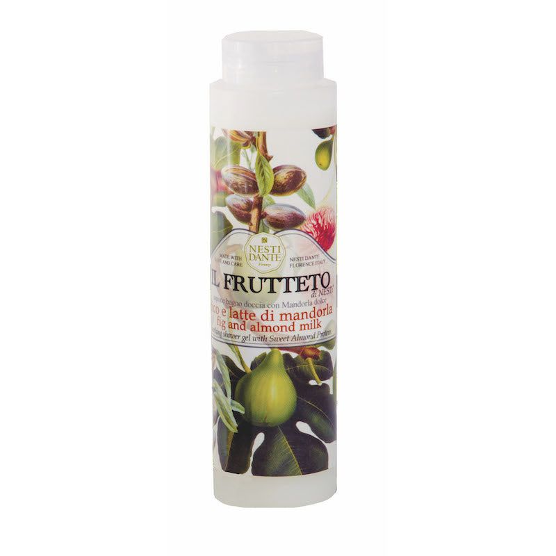Gel douche blanc Nesti Dante. Illustration de figues et d'amandes. Texte: Il Frutteto, Fig & Almond Milk.